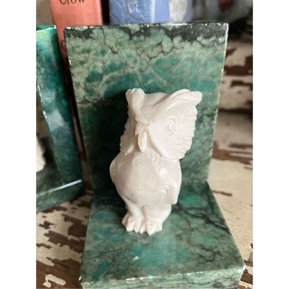 Pair Vintage 1960s Genuine Alabaster Hand Carved  Italian Owl Bookends Green Ivo - Picture 5 of 13